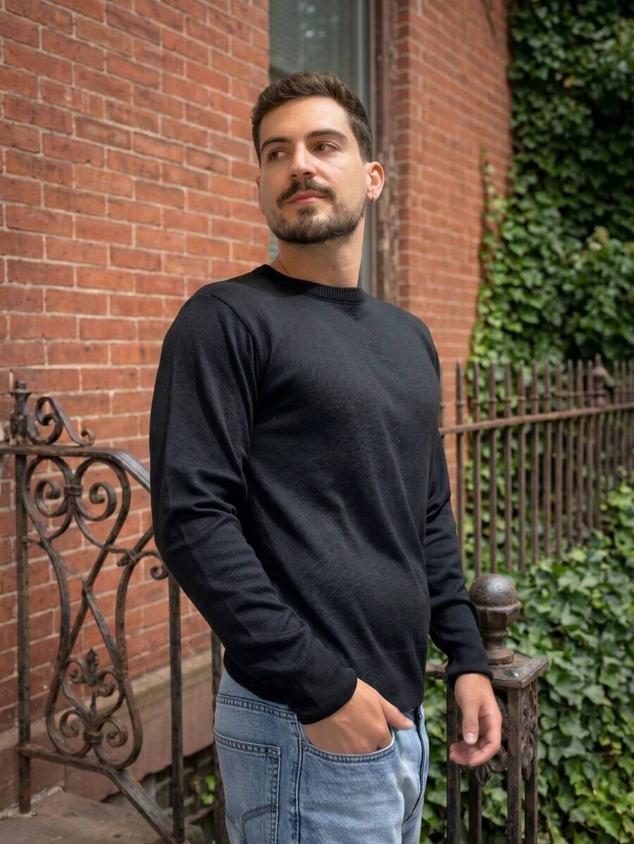 Men's Premium Knitting Sweater Long Sleeve Round Neck Sophisticated Timeless - 黑色 - 查看 1