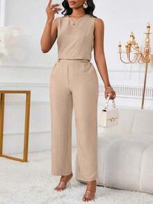 Women Sleeveless Casual Elegant Top And Pants Set With Slant Pockets & Button Details Summer - 卡其色 - 查看 5