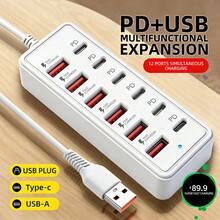 Trạm sạc và hub 12 cổng (6 USB + 6 Type-C/PD), sạc nhanh 66W, phù hợp cho điện thoại thông minh, máy tính bảng, máy tính xách tay, thiết bị PD - Bộ sạc đa cổng nhỏ gọn, cổng sạc USB, không cần bộ chuyển đổi AC bên ngoài, 12 cổng USB - ổ cắm điện sạc nhanh PD công suất 66W, 6 cổng USB-A và 6 cổng PD (Type-C), dây nối dài chịu tải nặng 37,4 inch, trạm sạc nhỏ gọn cho văn phòng tại nhà/máy trạm, thiết bị thông minh, máy tính bảng, điện thoại, máy tính xách tay. - Nhiều màu - Xem 4
