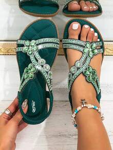 Women's Rhinestone Flat Sandals, Bohemian Style Elastic Band Open Toe, Summer Beach Vacation Shoes - Green - View 18