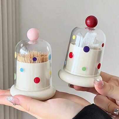 1pc Multi-Functional Toothpick & Floss Polka Dot Decor Storage Box, With Transparent Dome Cover, Fashionable Vanity Organizer Jar, Suitable For Bathroom & Vanity, Nordic Style Home Accessory, Storage Canister
