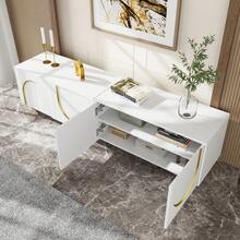 TV Unit, Low Sideboard With Textured Doors, TV Unit With Drawers, Open Compartments, Gold Handles And Gold Legs. - White - View 7
