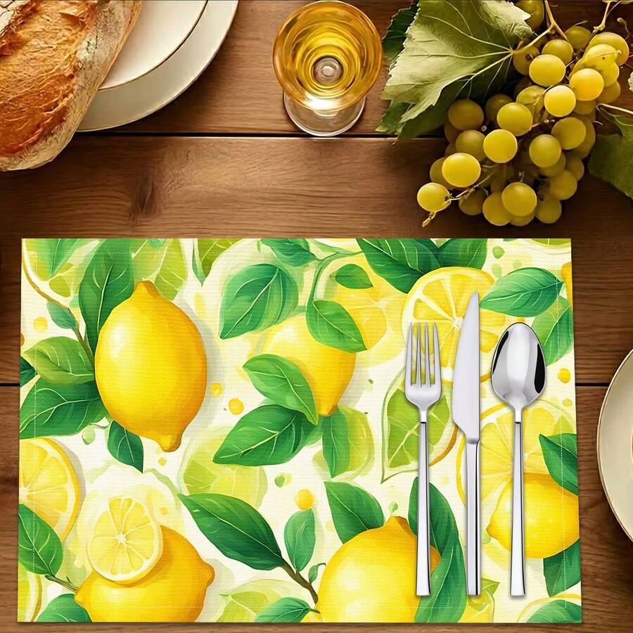 1pc/4pcs/6pcs/8pcs Lemon Print Linen Placemats, Suitable For Dining Table, All Season Decor, Modern Washable Table Mats, Room Decor, Coasters, Kitchen Dining Mats, Indoor Outdoor Party Decoration, Home Decor, Ideal Gift - Multicolor - View 1