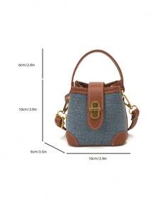 New Arrival Cute Mini Handbag, Contrast Color Lock Small Bucket Bag, Contrast Trim Compact Cosmetic Bag, Small Crossbody Bag, Accessory Pouch, Decorative Pouch, Evening Bag, Coin Purse - Denim Blue - View 3
