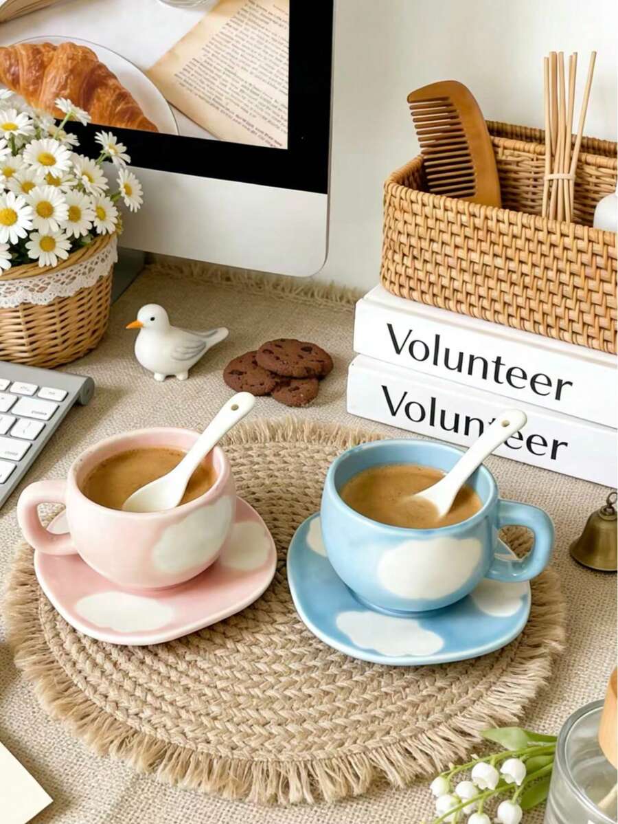 1 bộ - Một bộ tách trà bằng gốm sứ tuyệt đẹp với họa tiết mây, kèm theo đĩa lót và khay, có tay cầm chịu nhiệt và an toàn khi rửa bằng máy rửa chén. Hoàn hảo cho trà chiều, món tráng miệng và cà phê espresso, hoặc làm quà tặng hay đồ dùng học tập. - Nhiều màu - Xem 1