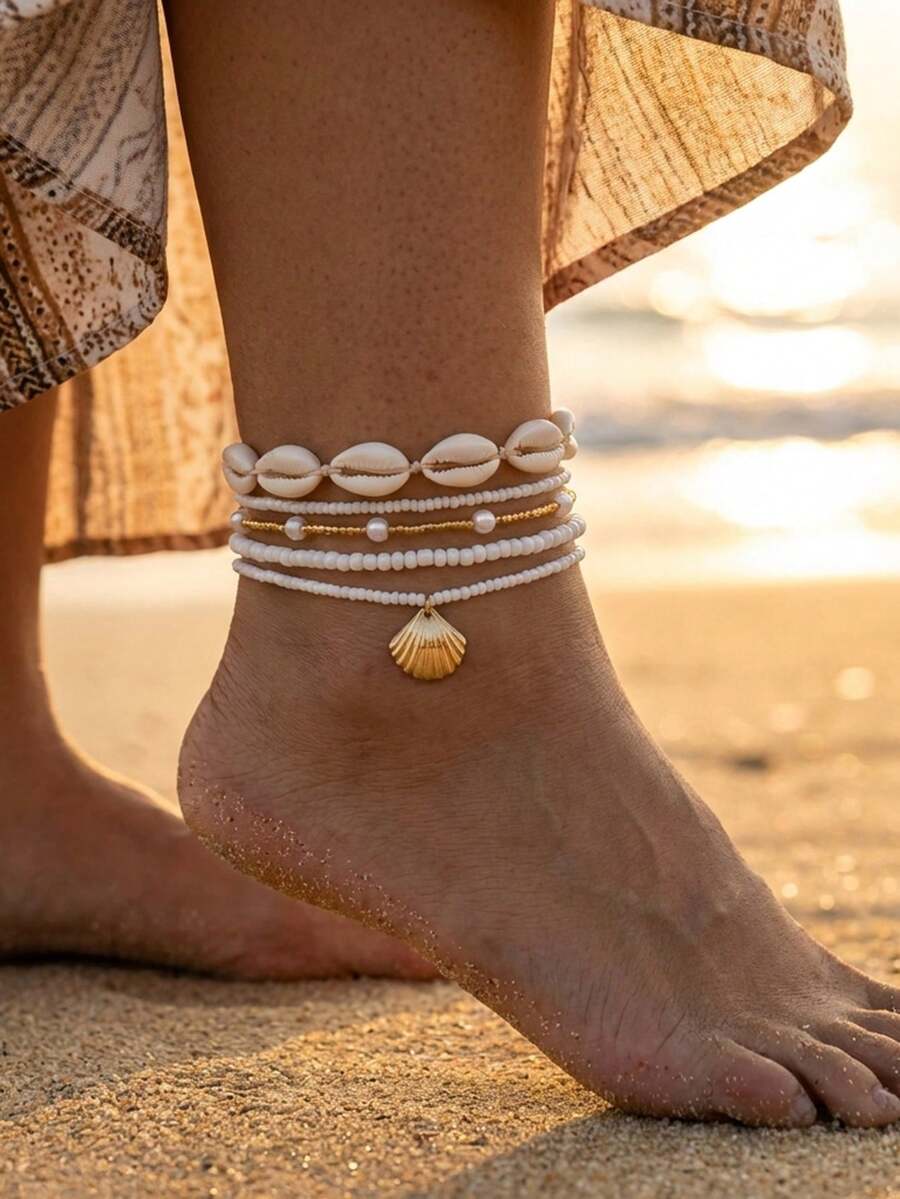 Bộ 5 chiếc vòng chân đính ngọc trai vỏ sò, kiểu dáng nghỉ hè. - Nhiều màu - Xem 1
