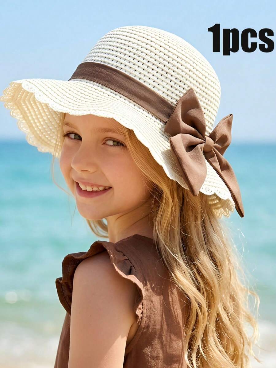 1 chiếc mũ rơm lượn sóng màu be có nơ cho bé gái, mũ rơm thoáng khí chống nắng mùa hè, thích hợp cho bé từ 3-8 tuổi, phù hợp với trẻ em từ 3-8 tuổi. - 1PC - Xem 1