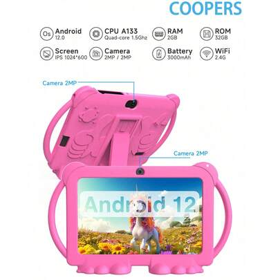 Coopers Q8K Kids Tablet, 7 Inch Tablet For Kids, Android 12/SC7731E 4-Core 1.3Ghz/2GB RAM 32GB ROM/2.4G WiFi/BT/1024x600 IPS Display/GMS/Parental Control/3000mAh/2MP+2MP Camera/With Shockproof Case, Educational, Games(No Adapter)