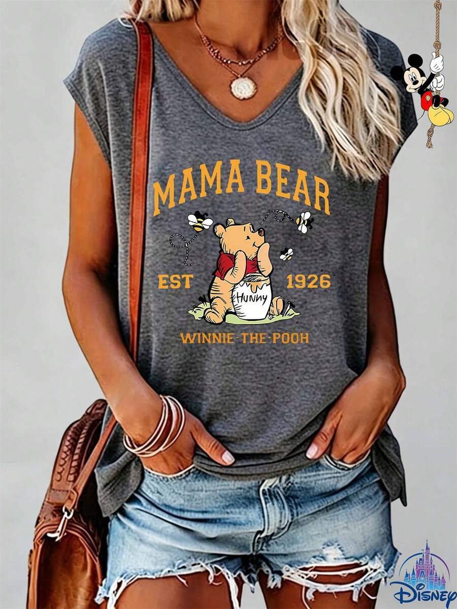 Ladies' Fashion-Disney Mama Bear Winnie The Pooh Printed V-Neck T-Shirt With Cap Sleeves, Casual T-Shirt With Short Sleeves, Suitable For Summer And Spring, Holiday Gifts, High-Quality Clothing. - Xám - Xem 1