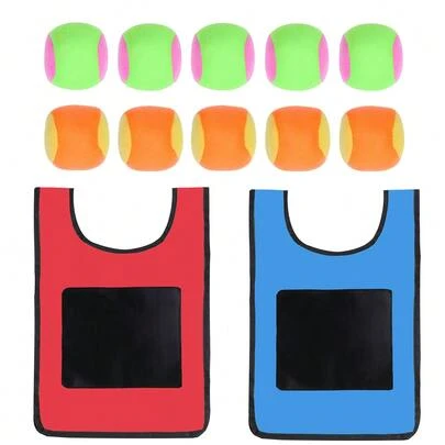 AnJeey 2pcs/Set Sticky Ball Vest Set Includes 10 Sticky Balls (Random Colors), Throwing & Dodging Game Props, Family Party & Outdoor Team Building Toys