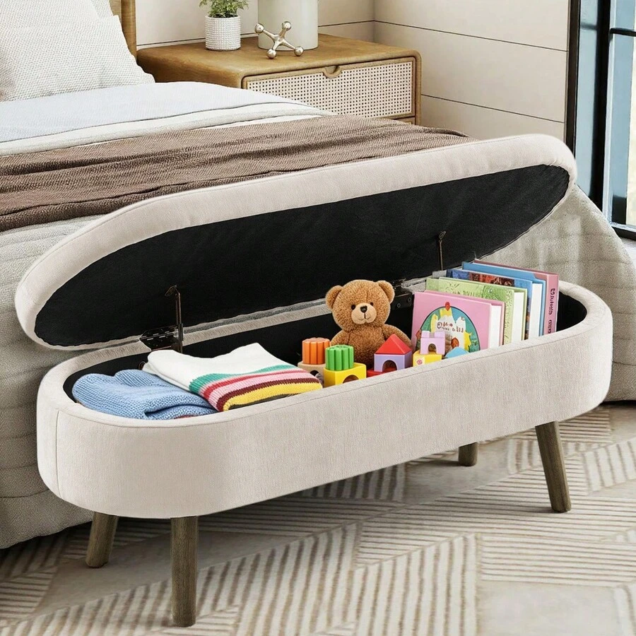 Multifunctional Storage Bench / Soft Chenille Fabric Modern Storage Bench / 20L Storage Space / Wooden Legs / For Bedroom, Living Room, Shoe Bench, Hallway - 米色 - 查看 1