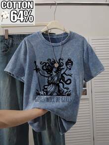 Áo thun ngắn tay nữ cỡ lớn chất liệu cotton, kiểu dáng wash acid, thích hợp mặc hàng ngày, cổ tròn, họa tiết thần thoại, phù hợp cho phái nữ vào mùa xuân, hè và thu. - Màu xanh lam - Xem 2
