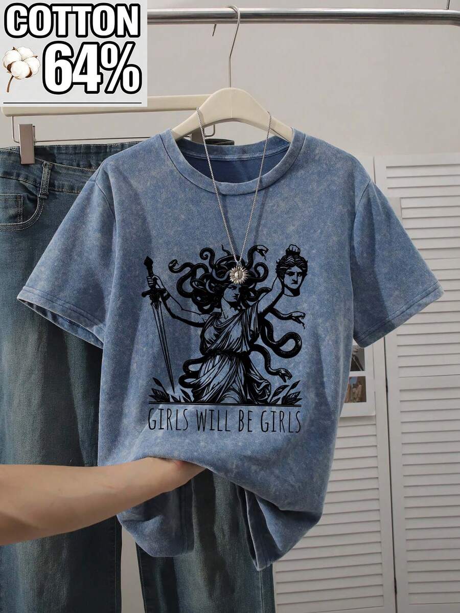 Cotton Plus Size Women's Acid Wash Short Sleeve Tee For Daily Wear, Versatile Casual Round Neck Style With Mythology Print, Suitable For Ladies In Spring, Summer And Autumn. - Blue - View 1