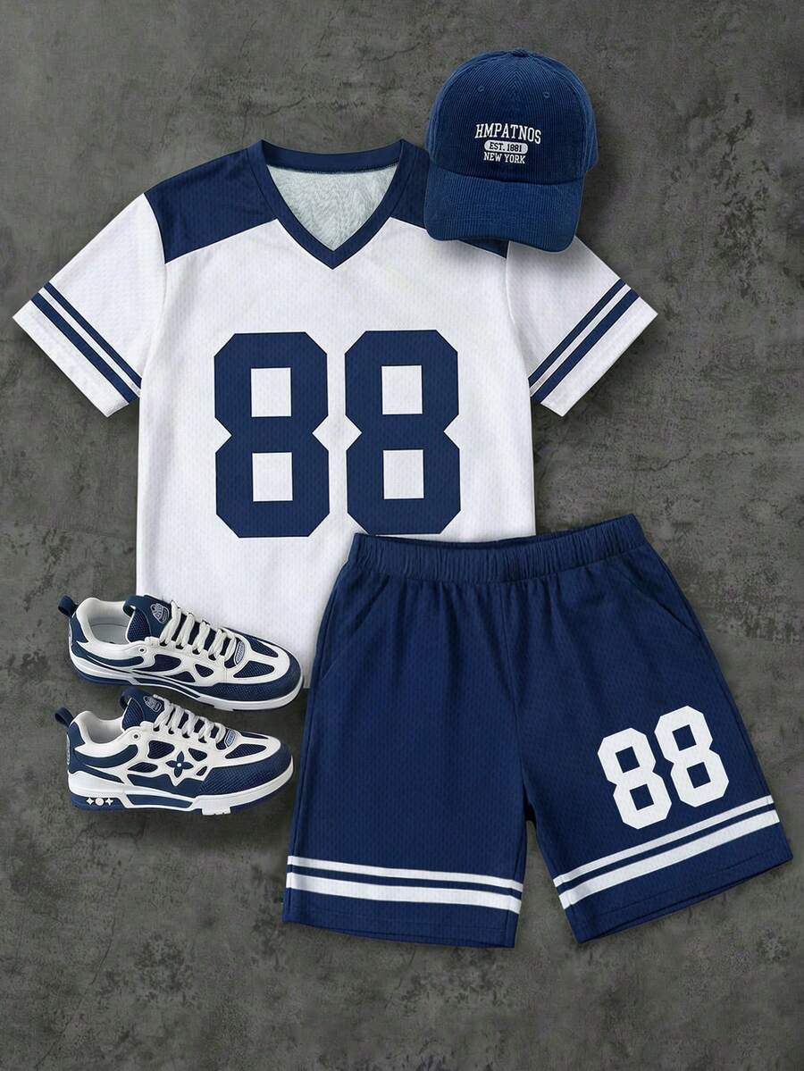 2pcs/Set Teen Boys Summer Short Sleeve T-Shirt And Shorts, Casual Style White & Blue Set, V-Neck Mesh T-Shirt With 88 Number Print & Striped Sleeve, Matching Navy Shorts, Loose Fit Quick-Dry Breathable Fabric, Suitable For Daily Commute, Outing, Weekend Travel, Stylish Teenager Outfit - Blue - View 1