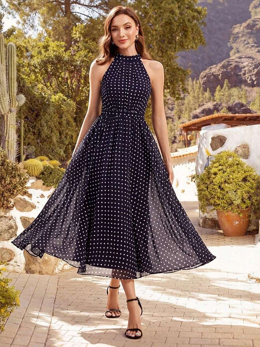 EVERPRETTY Vestido de dama de honor elegante de gasa con lunares, adecuado para bodas de primavera/verano y ocasiones formales - Azul Marino - Ver 1