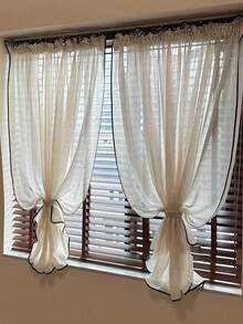 1pc Japanese Retro & Linen Color-Blocking Ruffled Hem Curtain, Semi-Sheer, Suitable For Living Room, Bedroom, Balcony, Multi-Scene Use - Beige - View 6