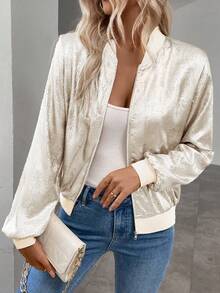 Chaqueta casual de manga larga con cremallera, de tela metálica brillante, ajuste regular, versátil para ir al trabajo, vacaciones, cárdigan de primavera, de la marca Keke Bloomly - Caqui - Ver 3