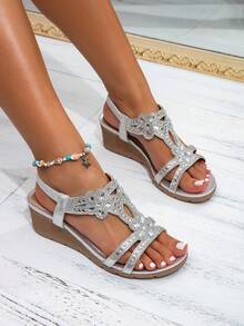 Giày sandal đế xuồng dày dặn mới dành cho nữ - Kiểu dáng retro pha lê đính dây chun, phong cách Bohemian, thích hợp cho kỳ nghỉ và du lịch. - Bạc - Xem 4