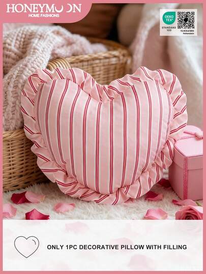 1pc HONEYMOON Heart-Shaped Printed Throw Pillow, 100% Polyester Fabric With Romantic French Ruffle Design, Soft & Breathable, Anti-Shrink, Fashionable Decorative Cushion For Living Room, Bedroom, Dorm, Sofa, Couch, Oeko-Tex Certified