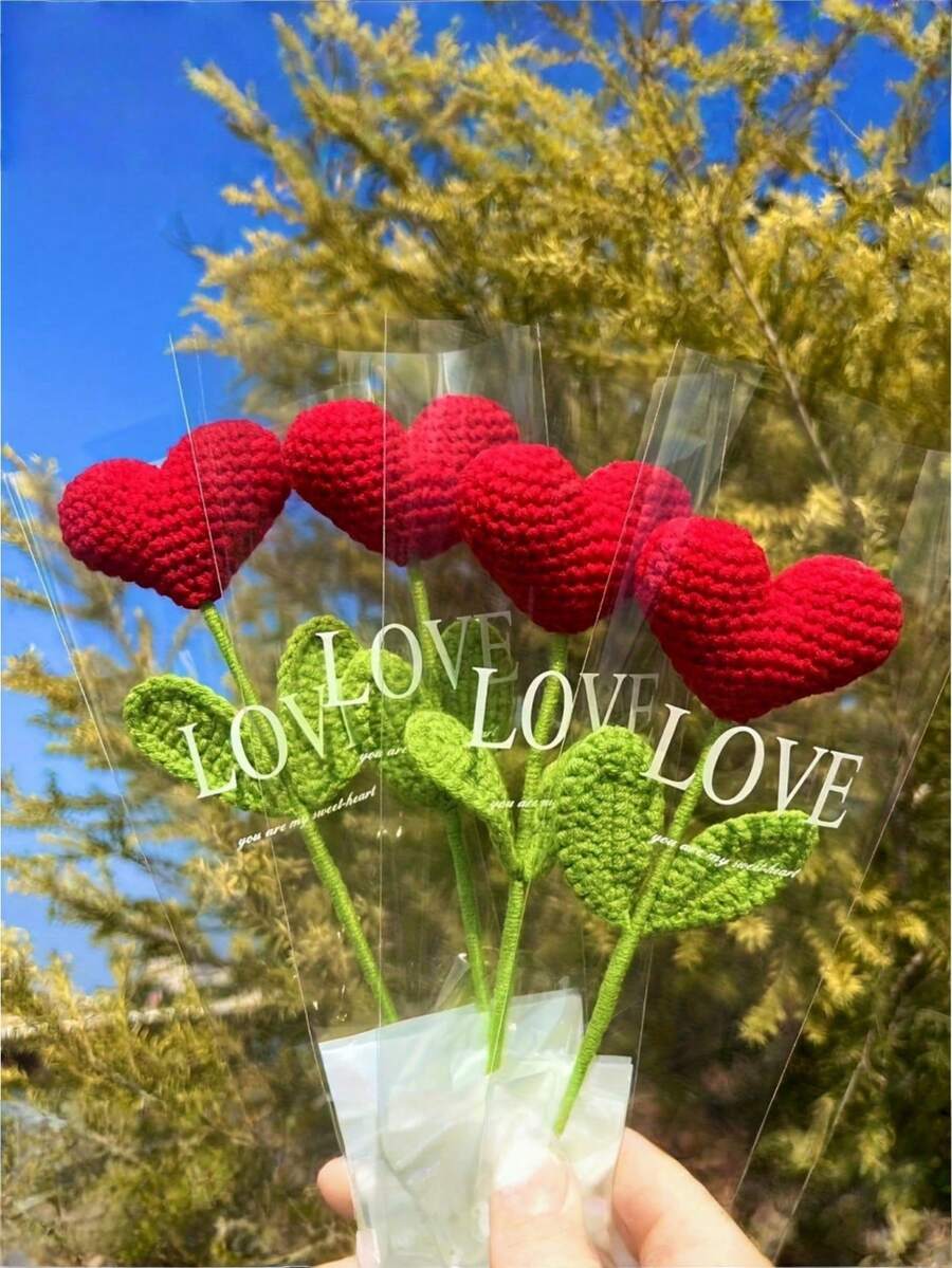 1 pieza Ramo de flores en forma de corazón rojo y verde hecho a mano a ganchillo con tallos verdes, adecuado para el Día de San Valentín, el Día de la Madre, la graduación, el Día de Acción de Gracias y otras ocasiones - Multicolor - Ver 1