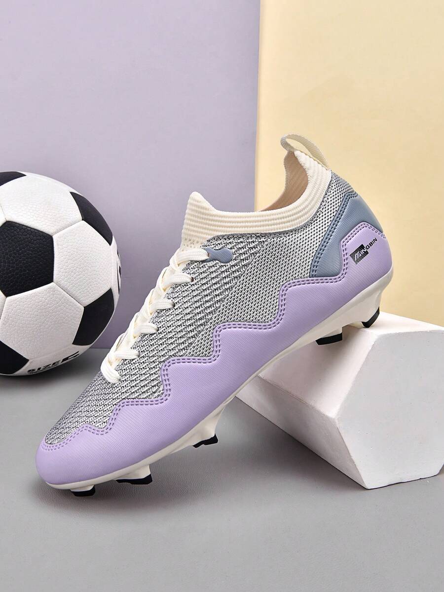 1 paire de chaussures de football américain pour jeunes, unisexes, basses, pour l'extérieur, en herbe naturelle, professionnelles pour l'entraînement sportif, avec lacets à l'avant en PU, crampons longs AG/FG, style campus - Prune - Voir 1