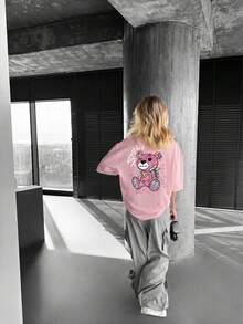 Women's Pink Teddy Bear Graphic Round Neck Casual Street Style T-Shirt - Pink - View 5