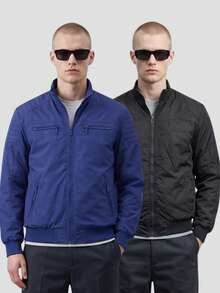 Men's Reversible High Neck Windbreaker Jacket, Lined Bomber Jacket With Zipper, Motorcycle Style - Blue - View 3