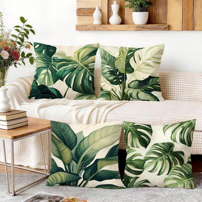4pcs Tropical Green Leaf Pattern Cushion Cover Set - Peach Velvet Pillow Covers, Decorative Throw Pillow Cases Suitable For Living Room Sofa Bedroom, Pillow Inserts Not Included