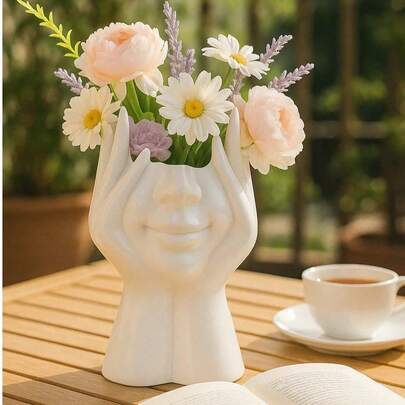 1 chiếc bình hoa điêu khắc hình mặt và tay sáng tạo, bình cắm hoa nghệ thuật thẩm mỹ, vật trang trí bàn làm việc tối giản màu trắng phù hợp cho nhà cửa, phòng khách, văn phòng, vật trang trí theo phong cách Boho Bắc Âu, món quà độc đáo để bàn dành cho người yêu nghệ thuật.