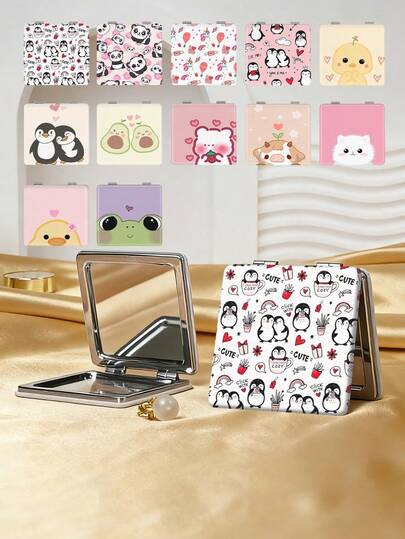 1pc Cute Cartoon Animal Series Portable Folding Makeup Mirror, Lightweight Compact Durable PU Leather, Suitable For Various Occasions Like Travel, Party, Work, School, Suitable For All Ages