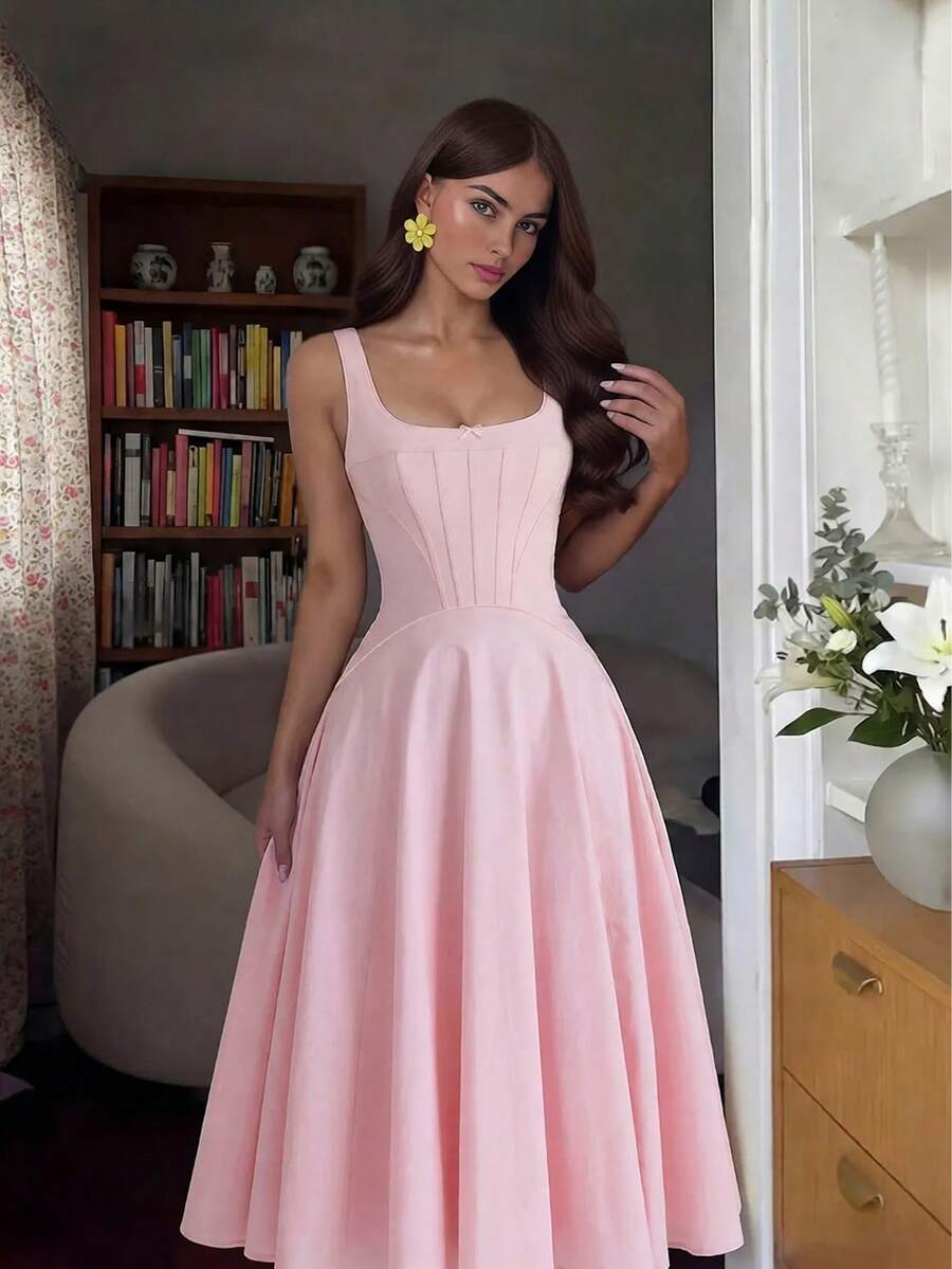 Women's Solid Color Woven Bowknot Sexy Elegant Retro Vacation Dress Pink, Aesthetic - Pink - View 1