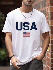 Camiseta de hombre 100% algodón – Estampado de letra y bandera americana – Manga corta, cuello redondo – Casual y transpirable – Ideal para verano y uso diario - Multicolor - Ver 6
