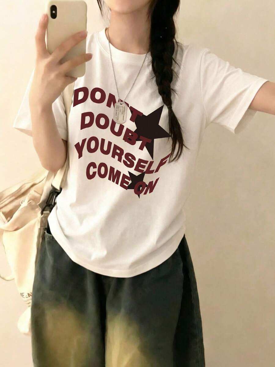 女款圓領短袖T恤,夏季新款星星圖案與字母印花,時尚休閒百搭寬鬆上衣 白色 - 白色 - 查看 1