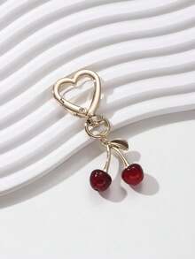 1pc Sweet Cherry Heart-Shaped Metal Keychain, Creative Realistic Fruit Charm, Girly Bag/Cup Pendant - Multicolor - View 6