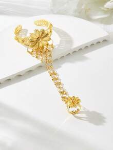 Mgyi Jewelry Gold Plated Filigree Flower Hand Chain Bracelet Ring, Luxury Arabesque Cuff Bracelet, Wedding Eid Party Bridal Jewelry Gift - PSBL-070 - View 2