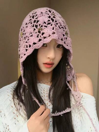 1pc Hollow Flower Rose Alloy Decor Handmade Crochet Fringed Hat, Bohemian Style Knitted Cap