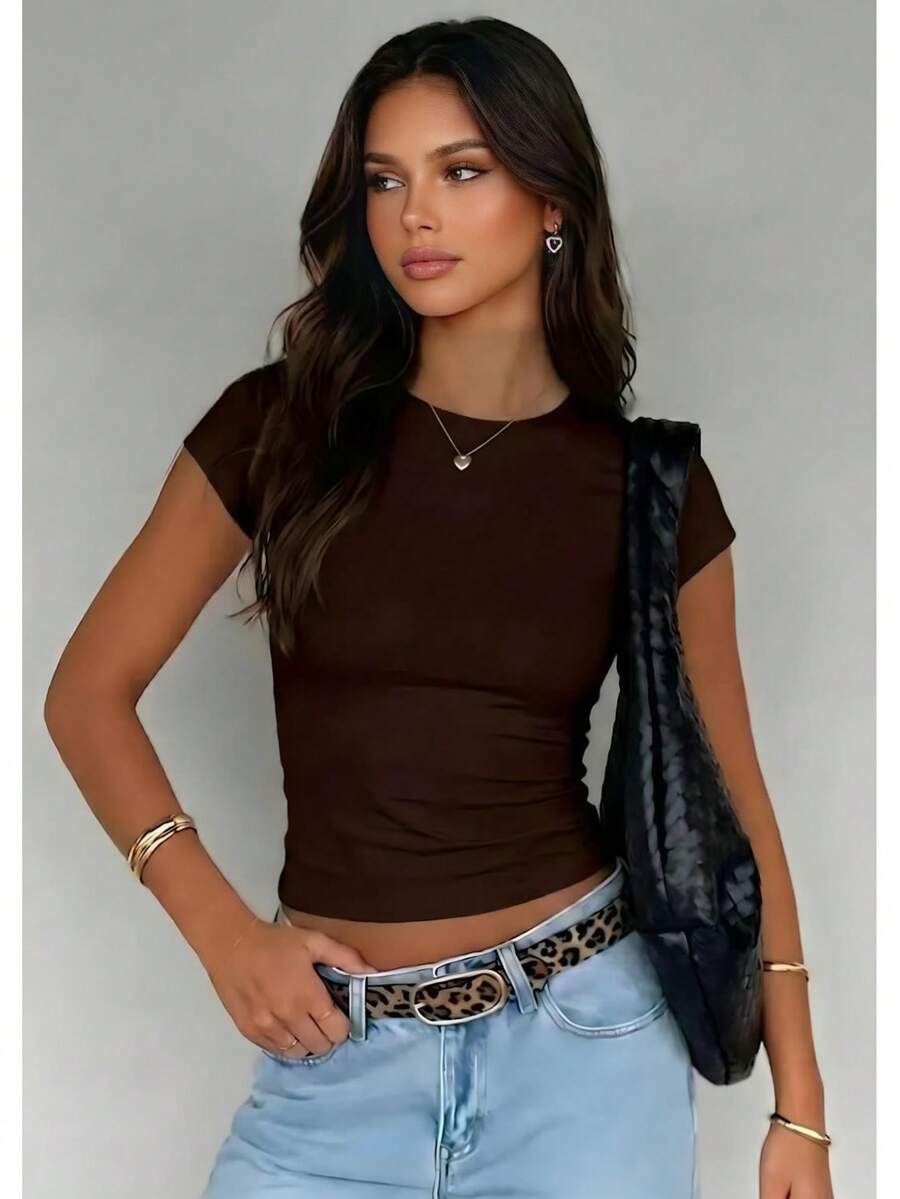 Women's Soft Viscose Slim Fit Short Sleeve T-Shirt, Casual Everyday Basic Top - Brown - View 1