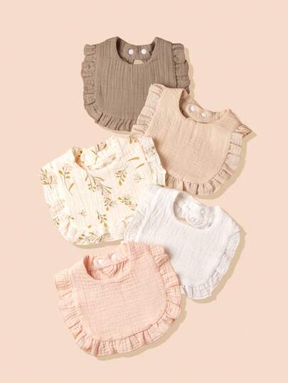 Bộ 5 yếm ăn cho bé, viền hoa hình chữ U, chất liệu cotton nguyên chất mềm mại và thoáng khí, họa tiết hoa màu trơn, phù hợp cho trẻ sơ sinh, quà tặng cho lễ tắm bé.