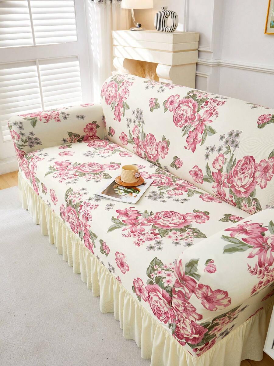 1pc Slip-Resistant Elastic Decorative Sofa Cover, Milk Silk Fabric Floral Print Skirt Design, Fit For Single/Double/Three/Four Seater Sofa, Pet-Friendly, Colorful, Suitable For Spring/Summer/Autumn/Winter - Multicolor - View 1