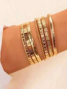 Set de 7 piezas de brazaletes exagerados de personalidad con hexágono martillado y abierto - oro - Ver 3