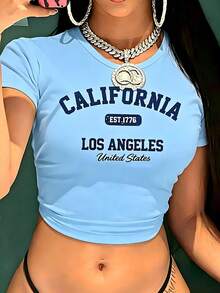 Women's Vintage California Los Angeles Graphic T-Shirt - Casual Round Neck, Short Sleeve, Cotton, Machine Washable, EST 1776 Print2025 - 藍色2 - 查看 2