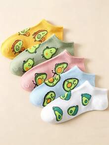 5双女士袜子，春夏清新风格牛肉牛油果主题女袜，所有图案均采用一体式针织技术，亲肤不扎脚，高品质罗纹袜口，穿着舒适有弹性，趣味十足，女士趣味袜子，缝合而成 - 彩色 - 查看 4