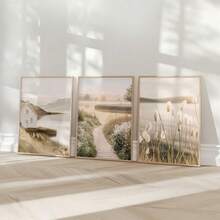 3Pcs Neutral Boho Nature Landscape Canvas Wall Art, Lake House Pampas Grass Path Prints, Minimalist Neutral Decor For Living Room Bedroom, Modern Boho Home Decoration, Frameless - 802 - View 9