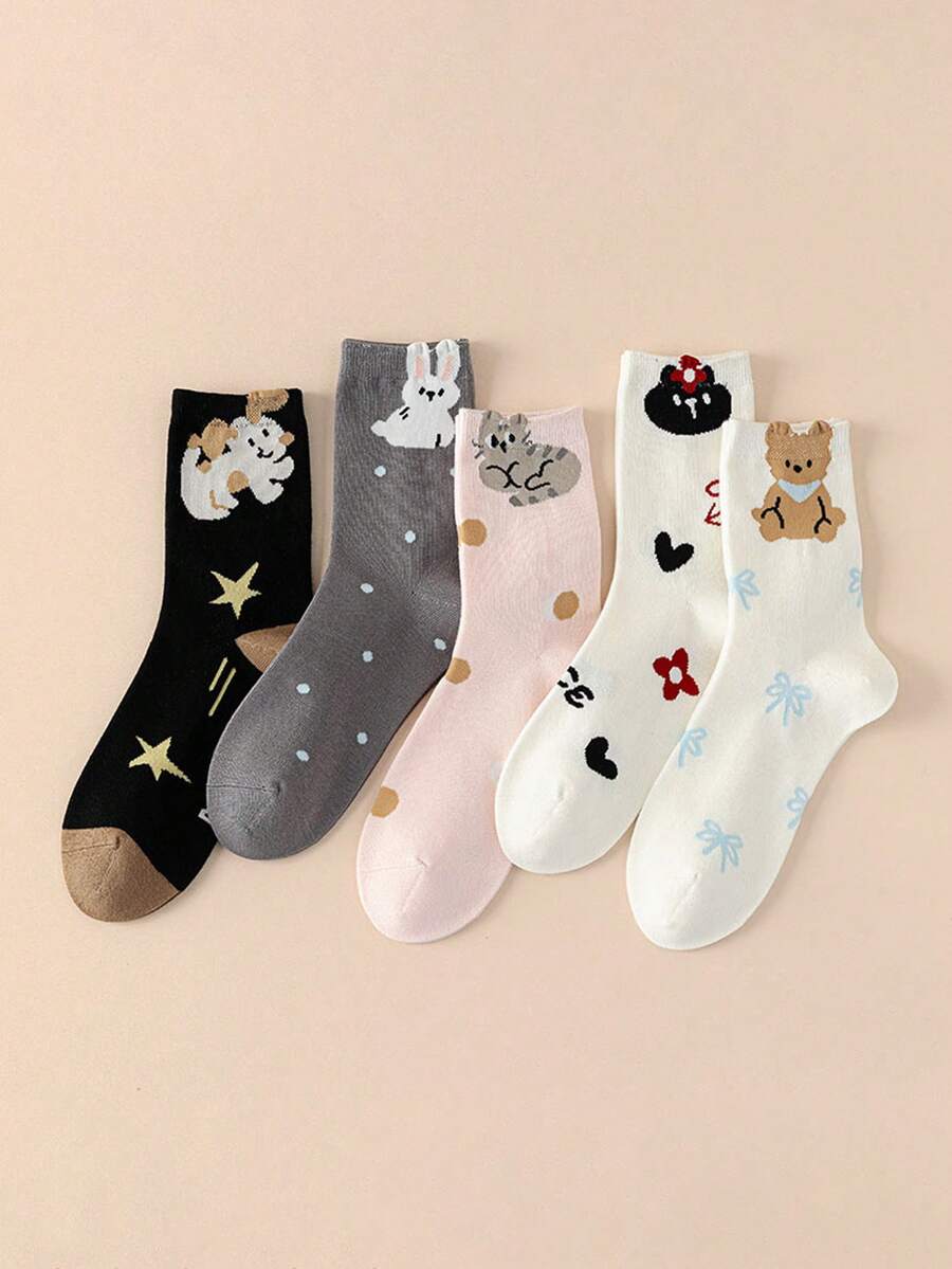 1/5双装女士无骨春夏新款袜子，可爱卡通3D设计中筒袜，少女学院风，适合日常穿着 - 彩色 - 查看 1