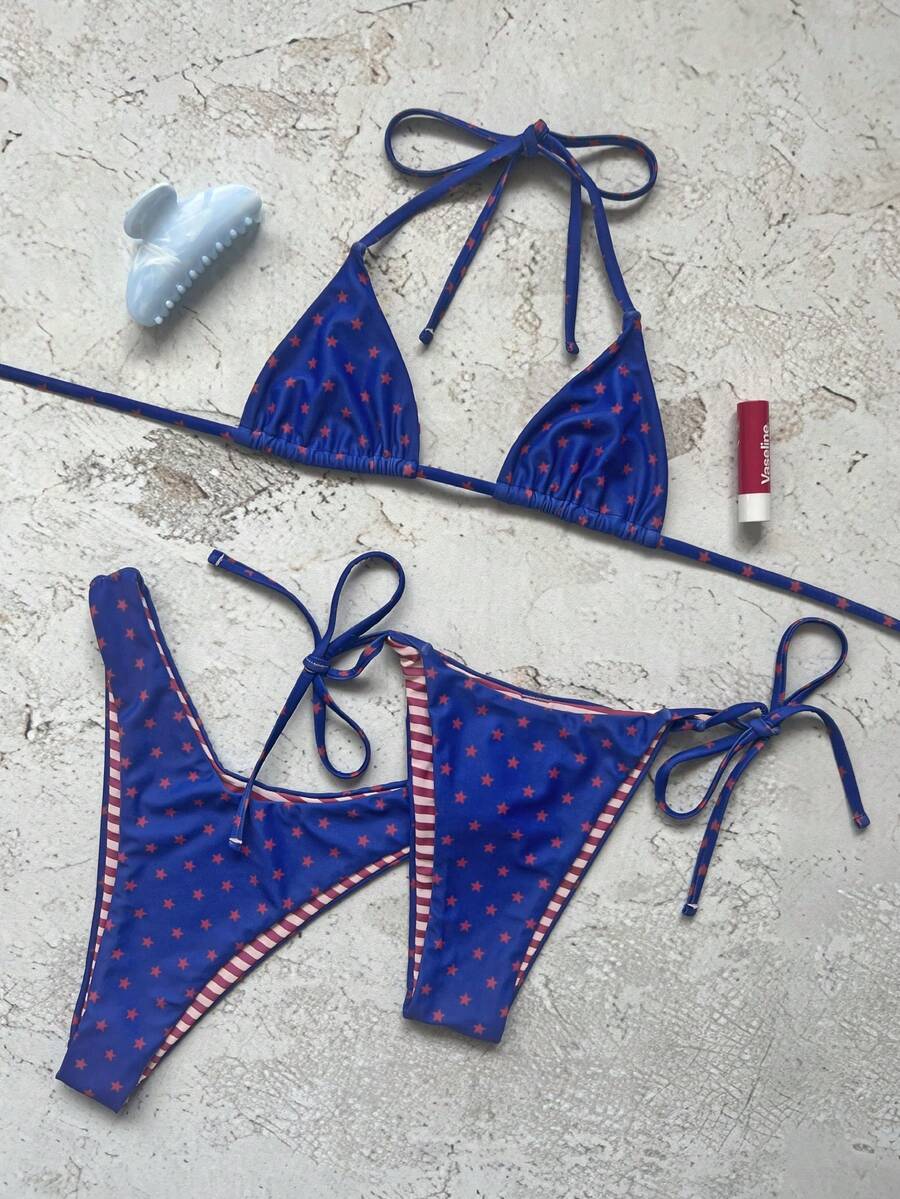 女款優雅藍棕配色拼接泳衣套裝,適合春夏海灘度假、海邊活動與時尚假期穿搭 - 彩色 - 查看 1