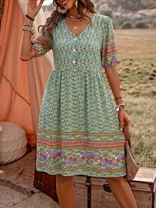 Vestido casual con botones y estampado floral, atuendo de playa y vacaciones para mujeres - Negro - Ver 9