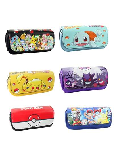 pokemon 1pc Cute Anime Cartoon Large Capacity Pencil Case, Multi-Functional Double Layer Zipper Pen Bag, Kawaii Stationery Pouch For Students, Makeup Brush Wallet Purse Birthday Gift For Women Girls Teachers