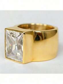 1枚简约宽边金色戒指，镶嵌闪亮锆石，椭圆形和方形可选，适合日常佩戴、派对和周年纪念礼物，时尚首饰（不含包装盒） - 金色 - 查看 7