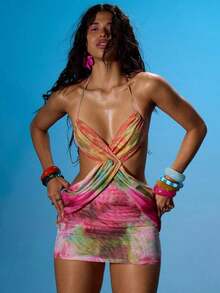 Halterneck Ruched Bust Drape Over Waist Tie Back Detail Fitted Mesh Mini Dress Summer Sexy Going Out Beach Holiday Ibiza Club Tropical Fever - Multicolor - View 7