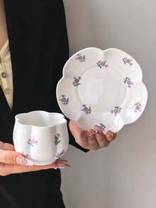 1 Set Ceramic Coffee Cup & Saucer With Ditsy Floral Pattern, French Chic Floral Rim Ceramic Cup, Matching Floral Rim Plate, Ceramic, Cute, Creative, Personalized Breakfast Cup, Tea Cup, Coffee Cup - Multicolor - View 8